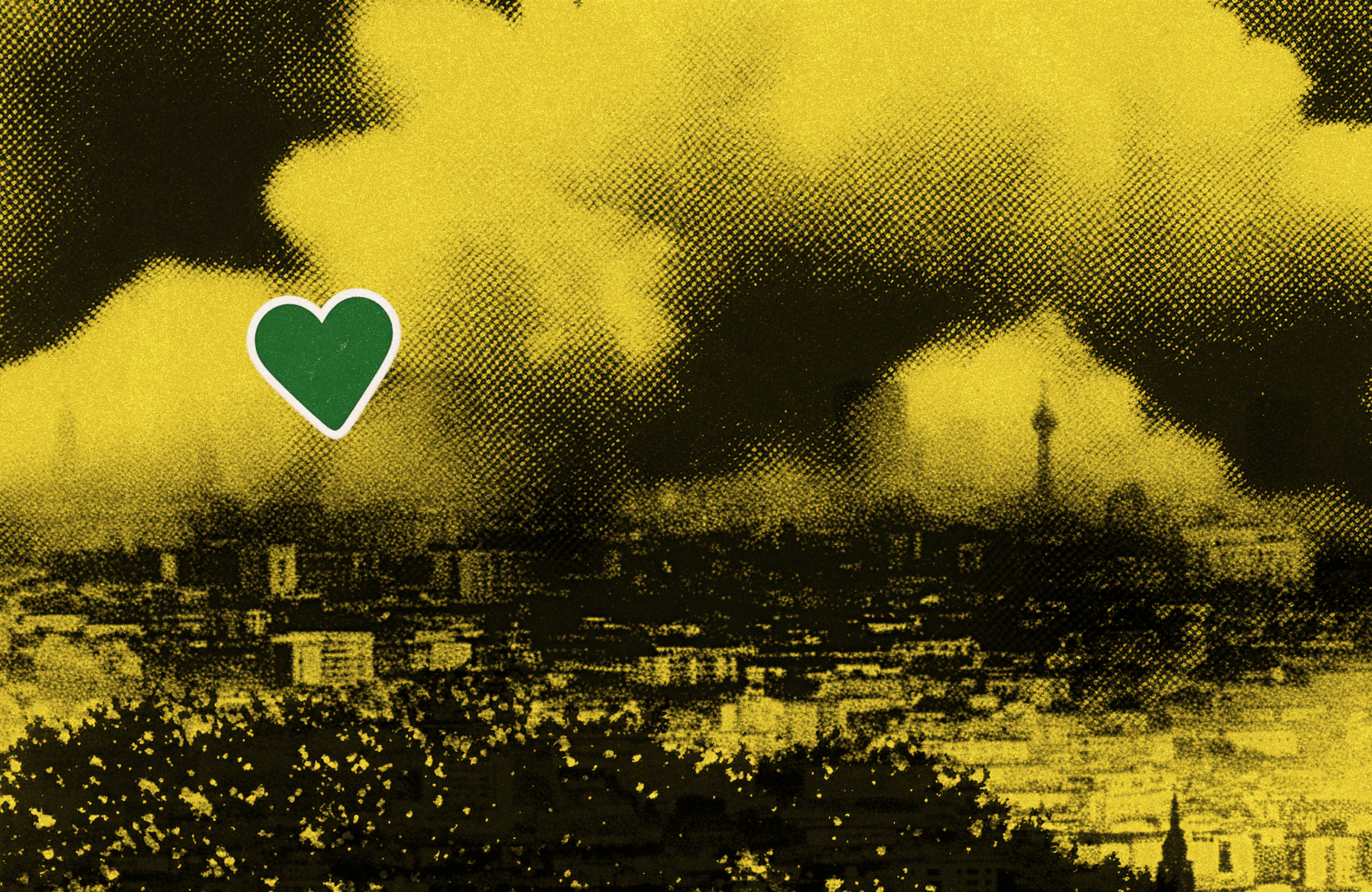 Illustration featuring a cityscape beneath clouds